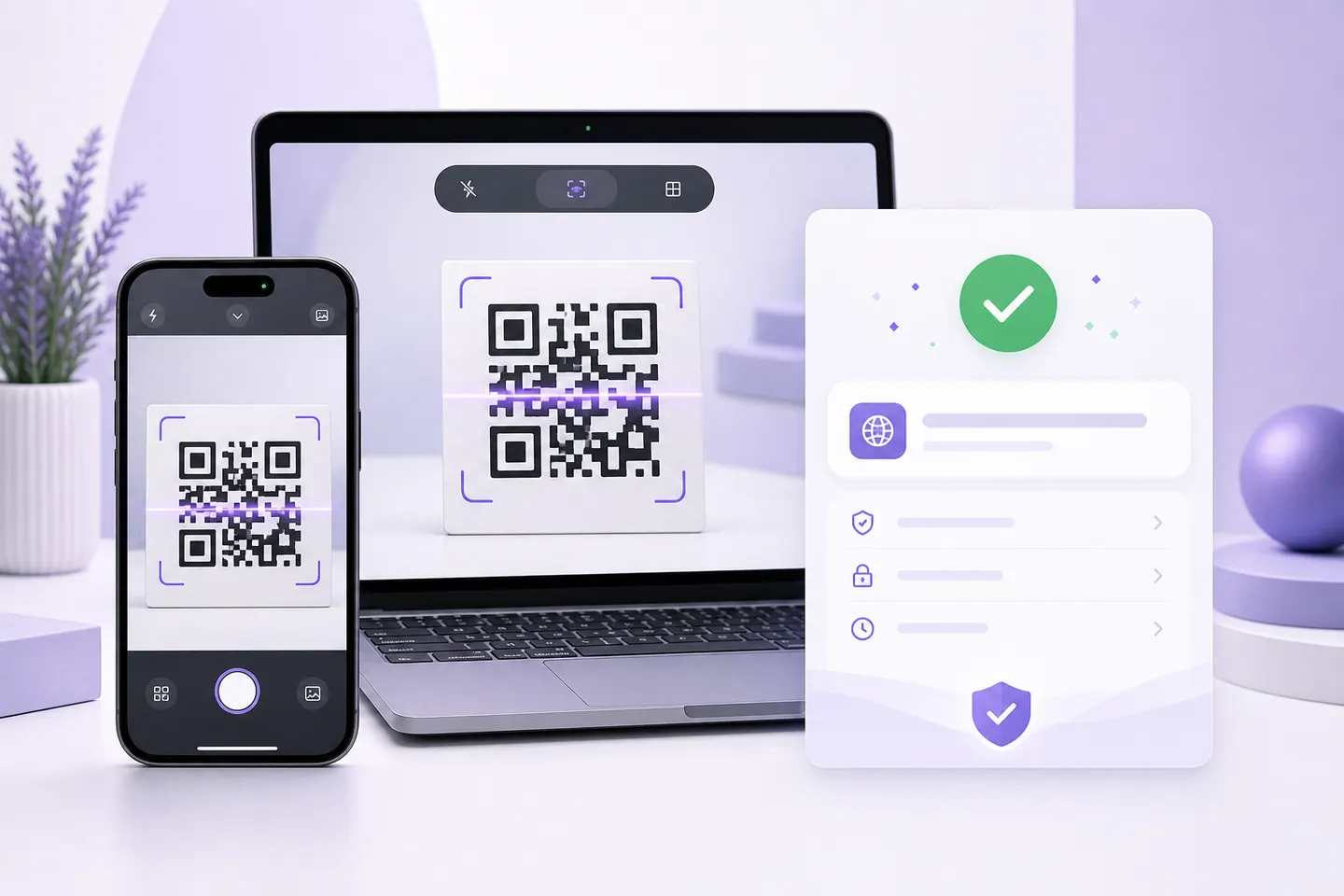 Phone and laptop scanning a QR code and showing a secure decoded result