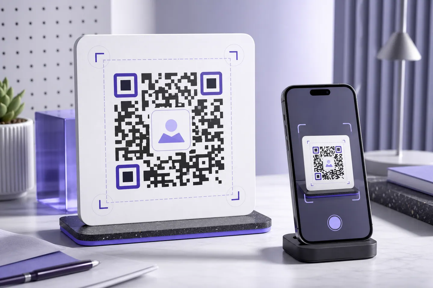 Logo-centered QR code with a protected clear area and successful phone scan
