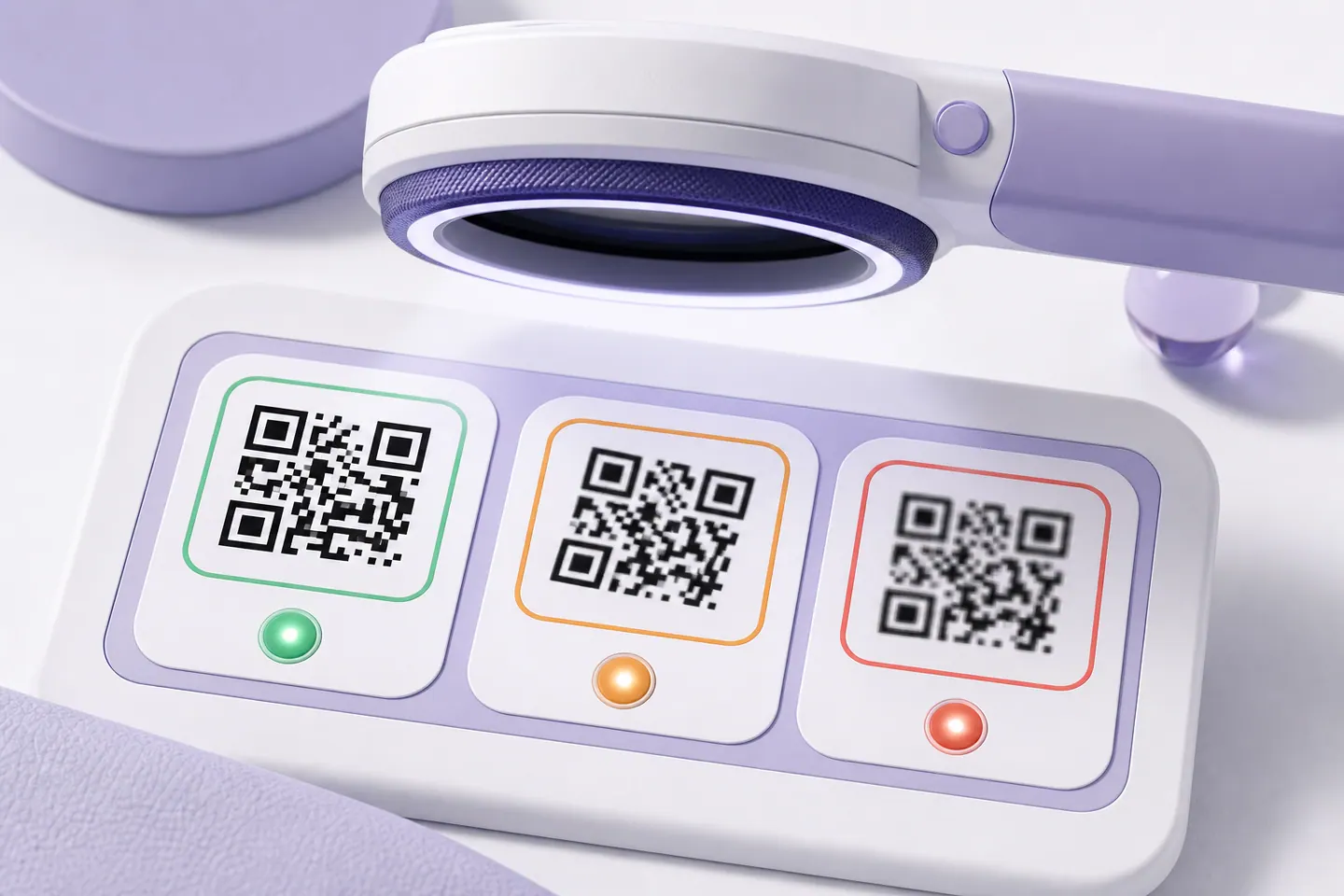 Clear, rotated, and blurry QR images compared under a diagnostic magnifier