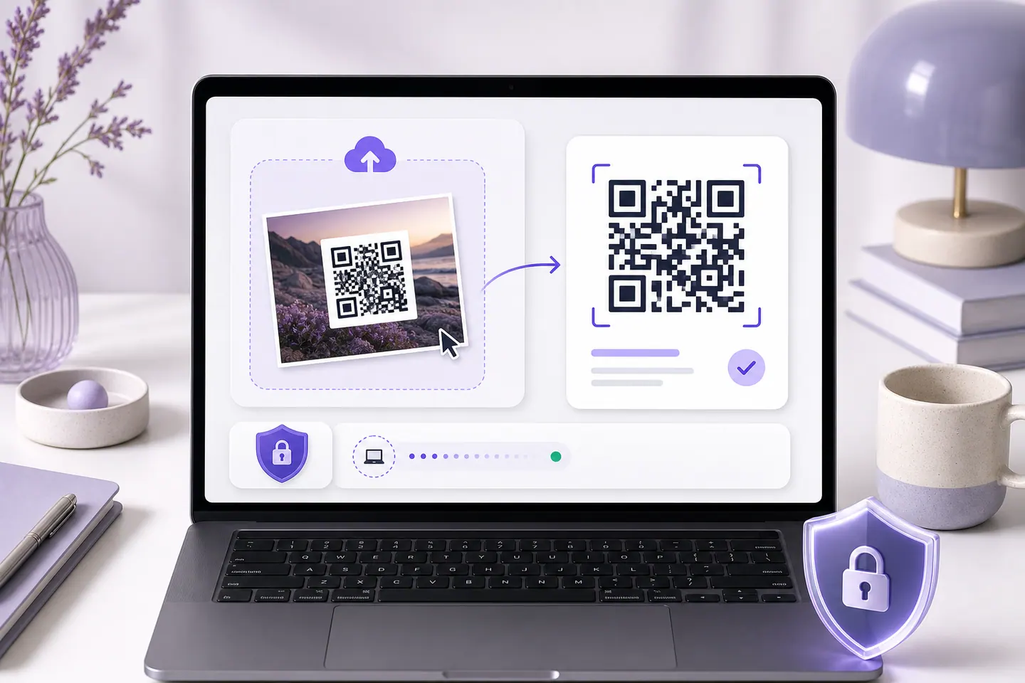 Laptop extracting and decoding a QR code from an uploaded photograph