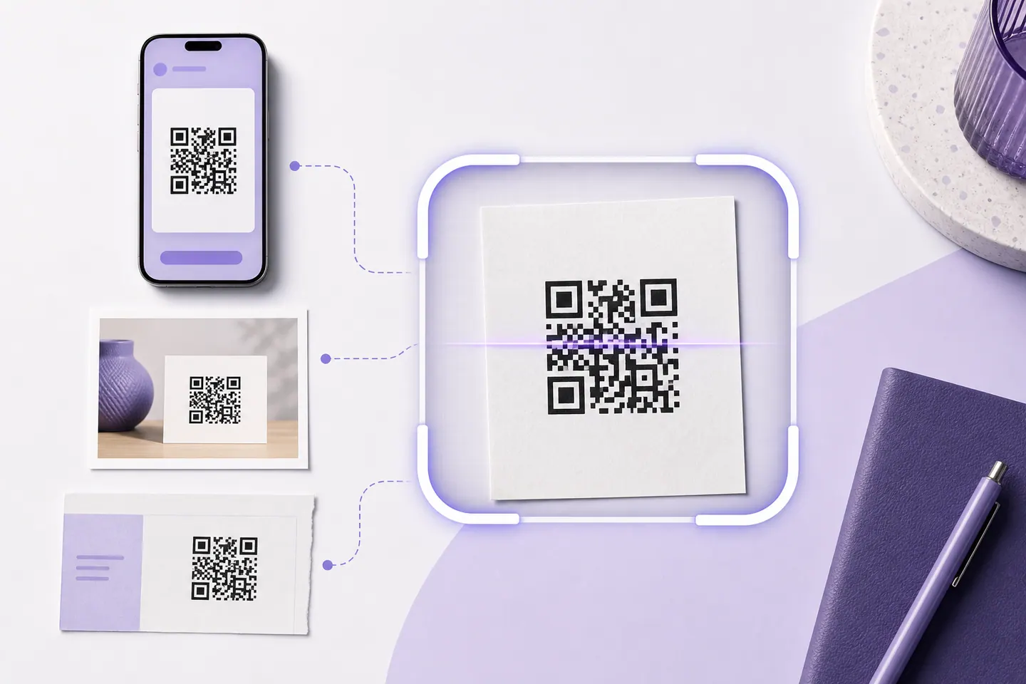 QR scanner finding codes in a phone screenshot, photograph, and document