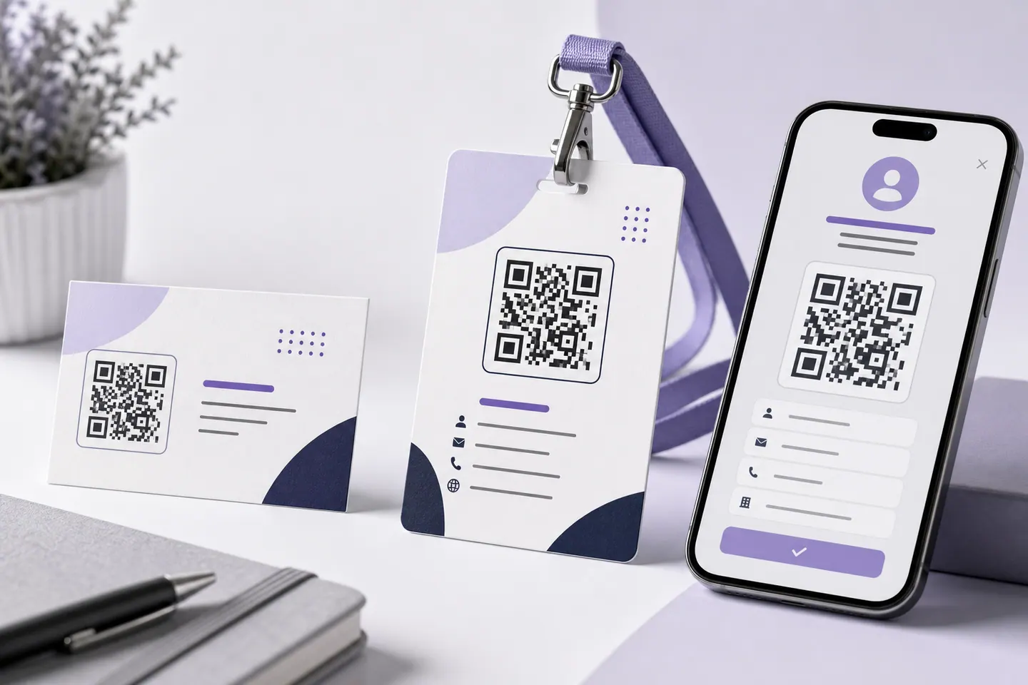 Contact QR code on a business card, conference badge, and phone save screen