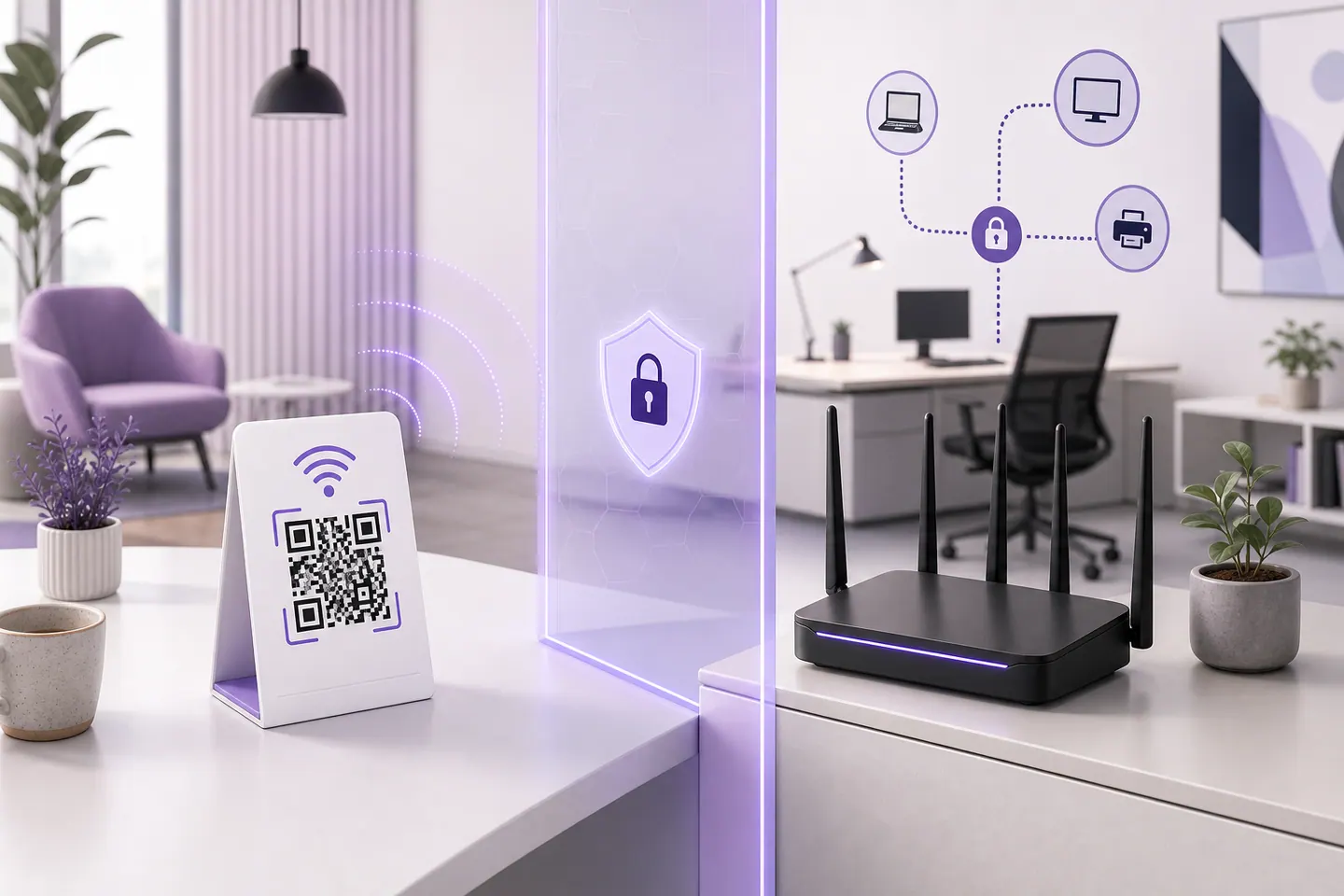 Guest Wi-Fi QR access separated from protected office network devices