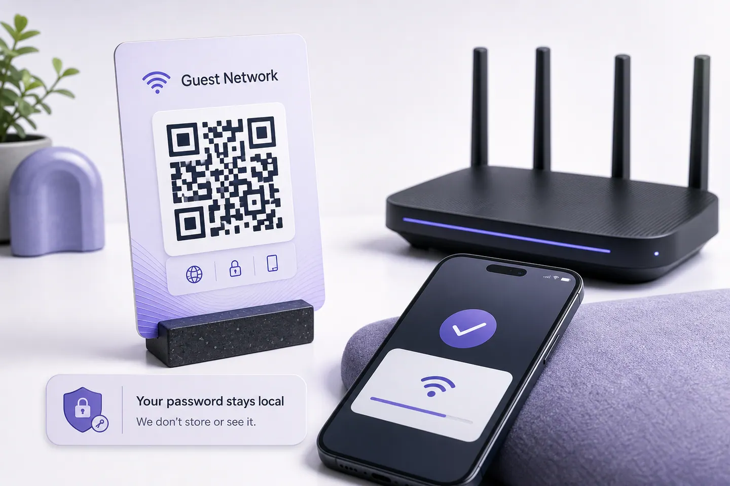 Guest Wi-Fi QR card beside a router and a phone joining the network